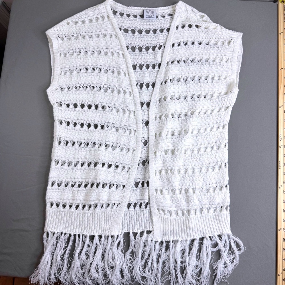 FCT WITH LOVE White Crochet Knit Fringe Vest Sleeveless Open Front Large Boho